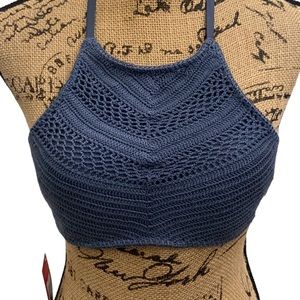 Blue Crochet Knit Halter Bikini Top NWT Lace-Up Back Festival Boho Size M
